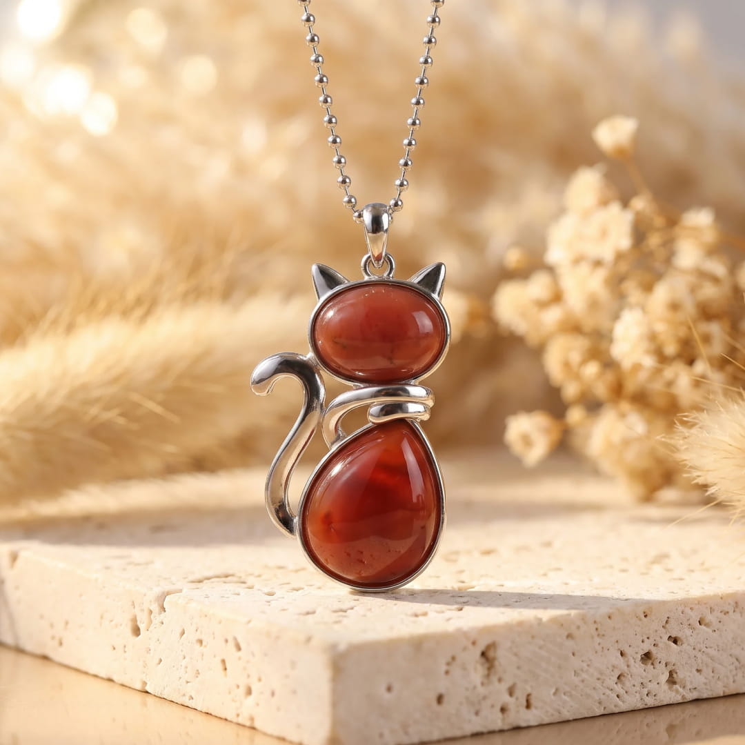 Pendentif Chat en Pierre Naturelle - Agate Rouge - L'Arbre des Chakras