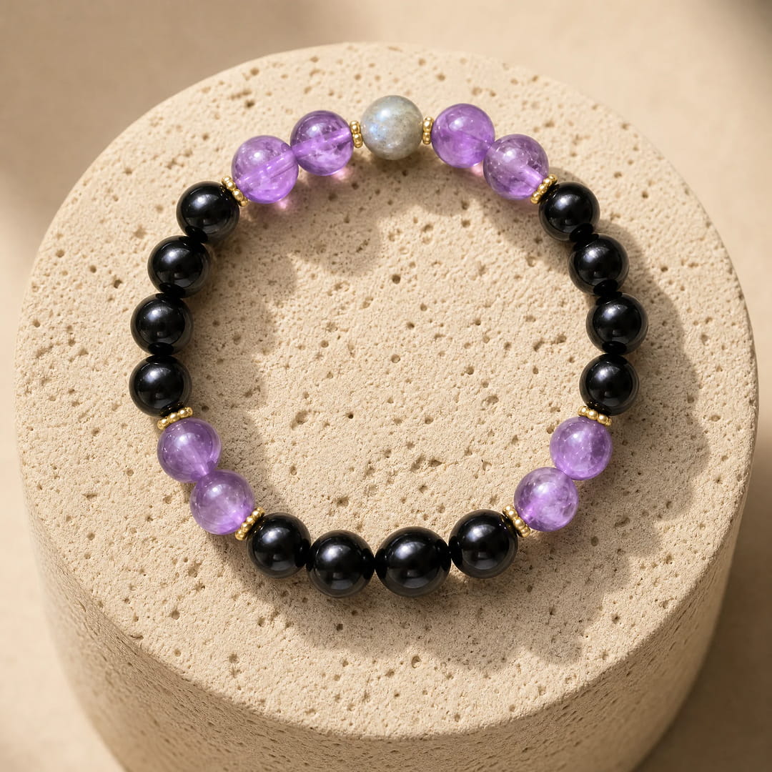 Collier Mala "Gardienne Intérieure" en Tourmaline, Améthyste & Labradorite - - L'Arbre des Chakras