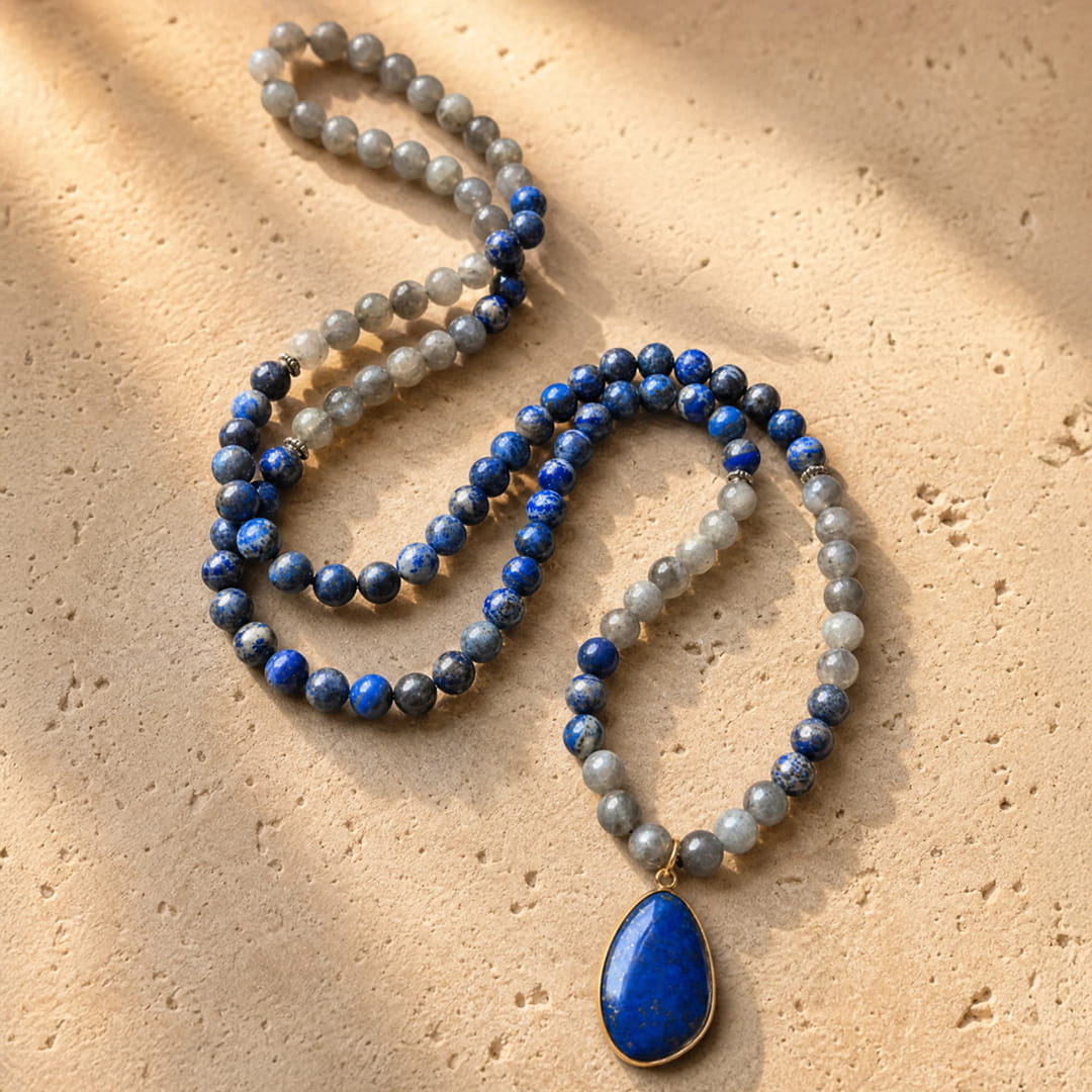 Collier Mala "Ancrage Céleste" en Lapis Lazuli & Labradorite - Collier Seul - L'Arbre des Chakras