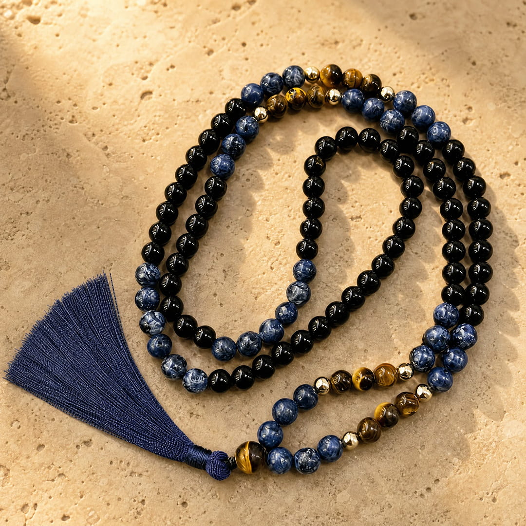 Collier Mala en Sodalite, Œil de Tigre & Onyx Noir - - L'Arbre des Chakras