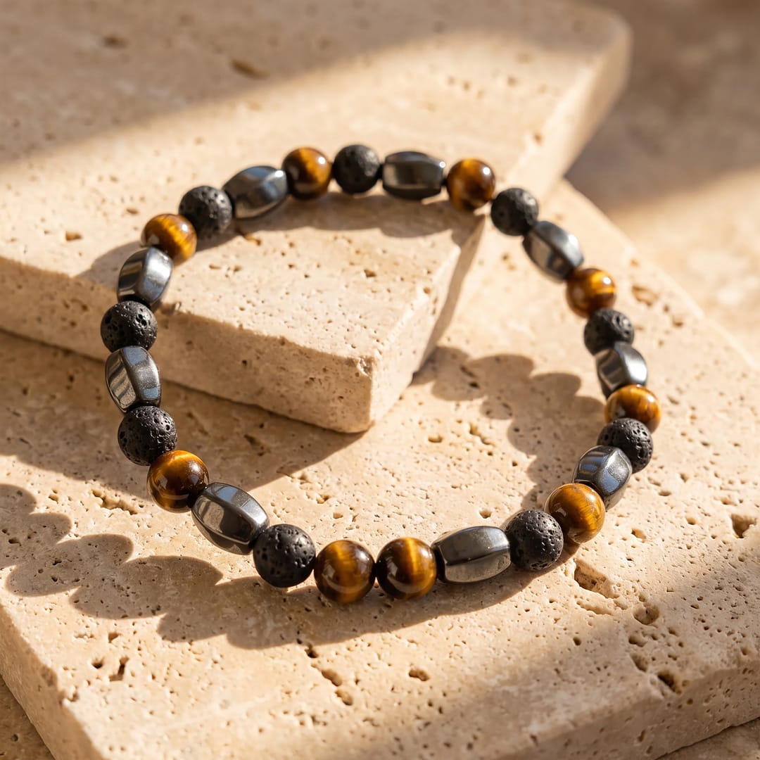 Bracelet Triple Protection en Pierre de Lave, Oeil de Tigre & Hématite - - L'Arbre des Chakras