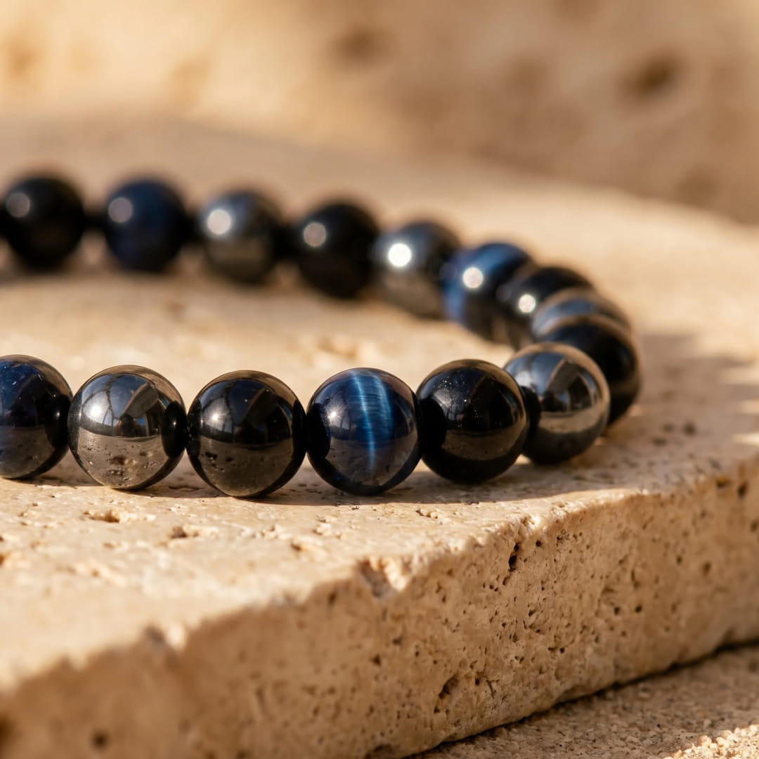 Bracelet "Cap Assuré" en Hématite, Tourmaline Noire & Oeil de Tigre Bleu - - L'Arbre des Chakras