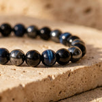 Bracelet "Cap Assuré" en Hématite, Tourmaline Noire & Oeil de Tigre Bleu - - L'Arbre des Chakras