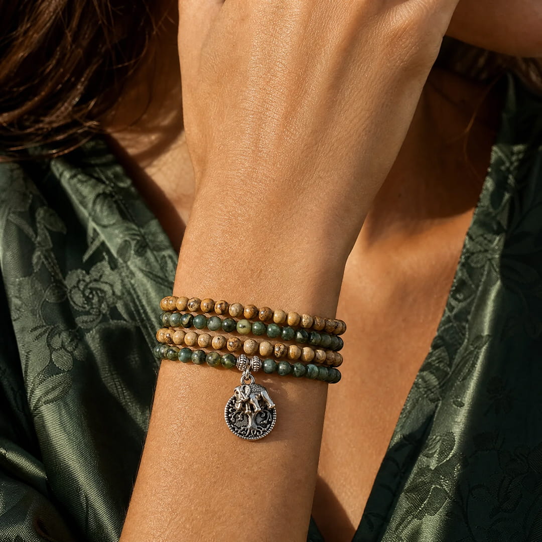 Bracelet Mala "Gaia" en Agate Mousse & Jaspe Paysage - - L'Arbre des Chakras