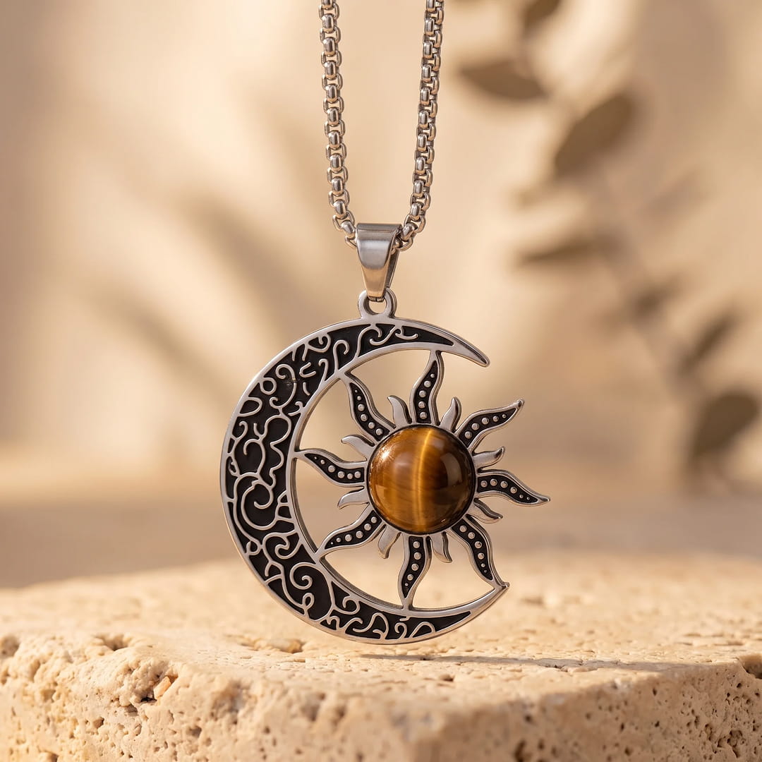 Pendentif "Équilibre Cosmique Lune-Soleil" en Oeil de Tigre - - L'Arbre des Chakras