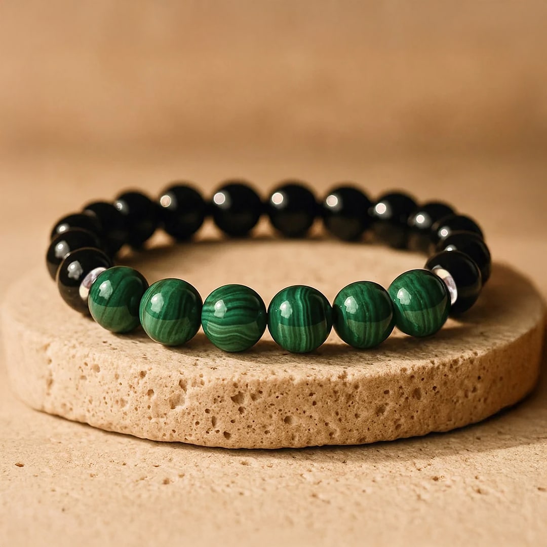 Bracelet "Équilibre Énergétique" en Malachite & Tourmaline Noire - 17cm - L'Arbre des Chakras