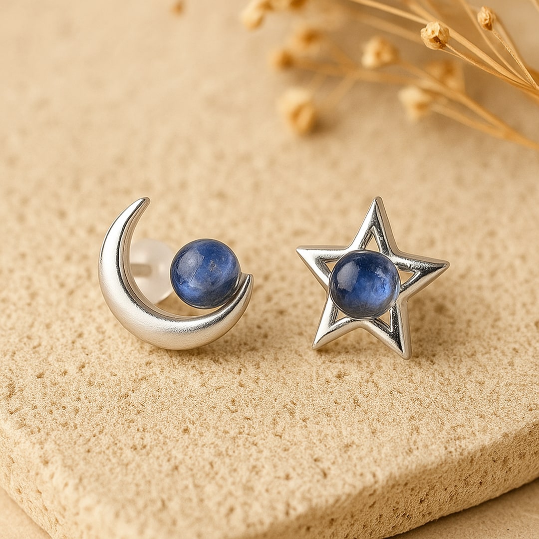 Boucles d'Oreilles "Lune Étoile" en Labradorite & Argent