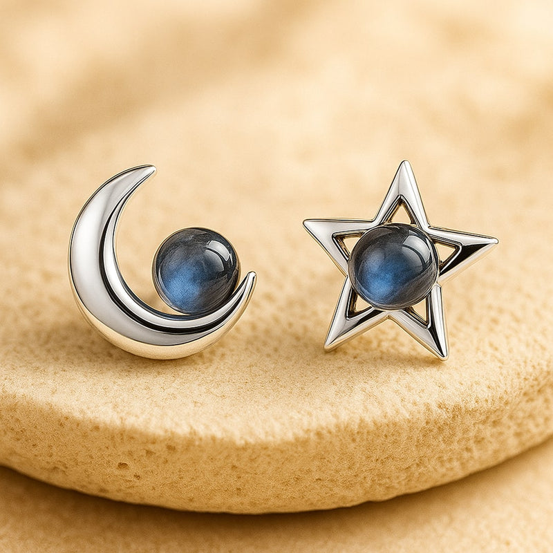 Boucles d'Oreilles "Lune Étoile" en Labradorite & Argent