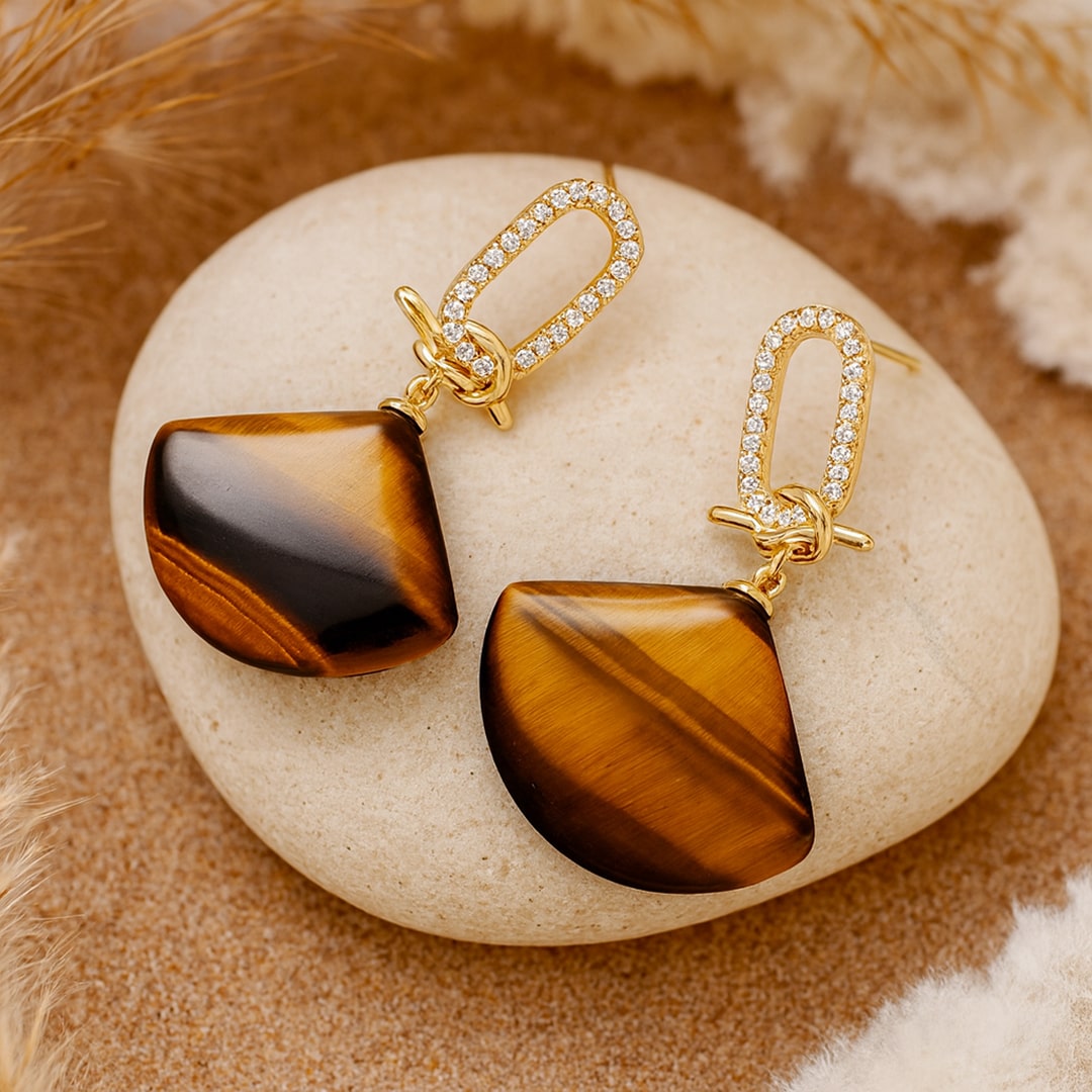 Boucles d'Oreilles Pendantes Demi-Lune "Équilibre Intérieur" en Pierre Naturelle - Oeil de Tigre - L'Arbre des Chakras