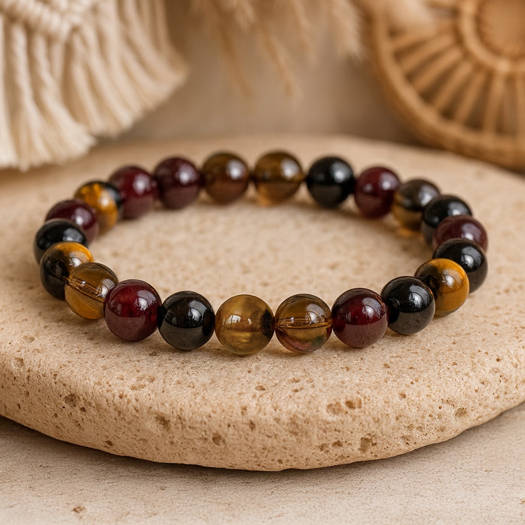 Bracelet "Réussite & Protection" en Oeil de Tigre, Grenat, Tourmaline & Quartz Fumé