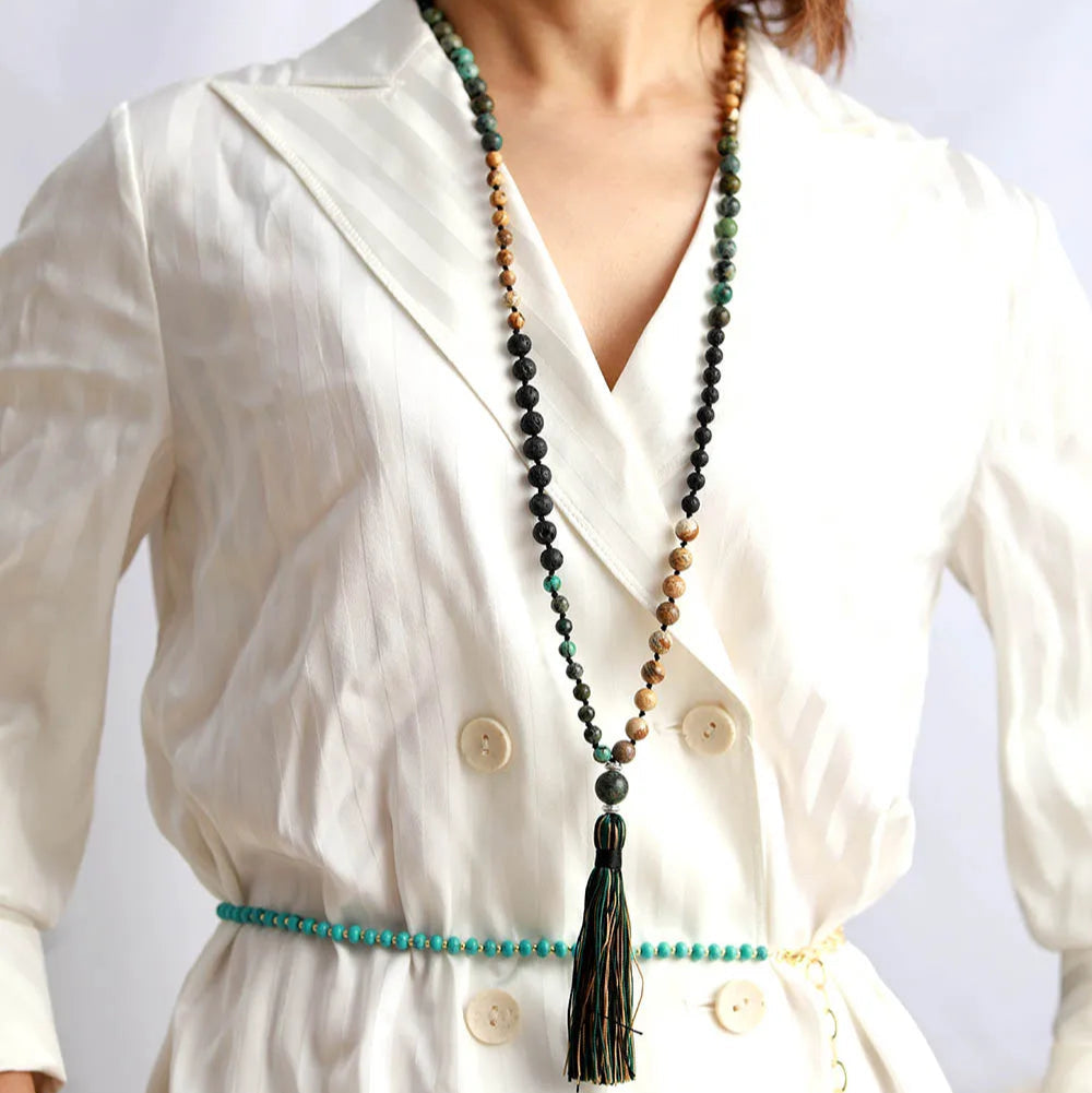 Collier Mala "Retour à Soi" - Jaspe, Turquoise Africaine & Pierre de Lave