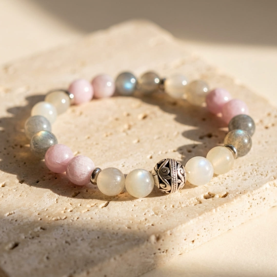 Bracelet Premium "Énergie Féminine" en Labradorite, Pierre de Lune & Kunzite - - L'Arbre des Chakras