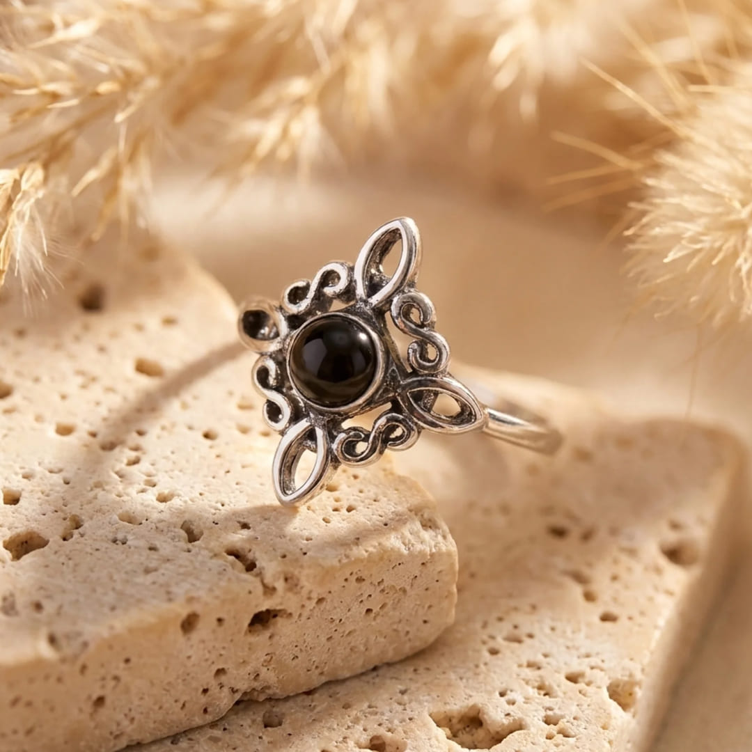 Bague Ajustable "Énergie Mystique" - Noeud de Sorcière & Obsidienne - - L'Arbre des Chakras