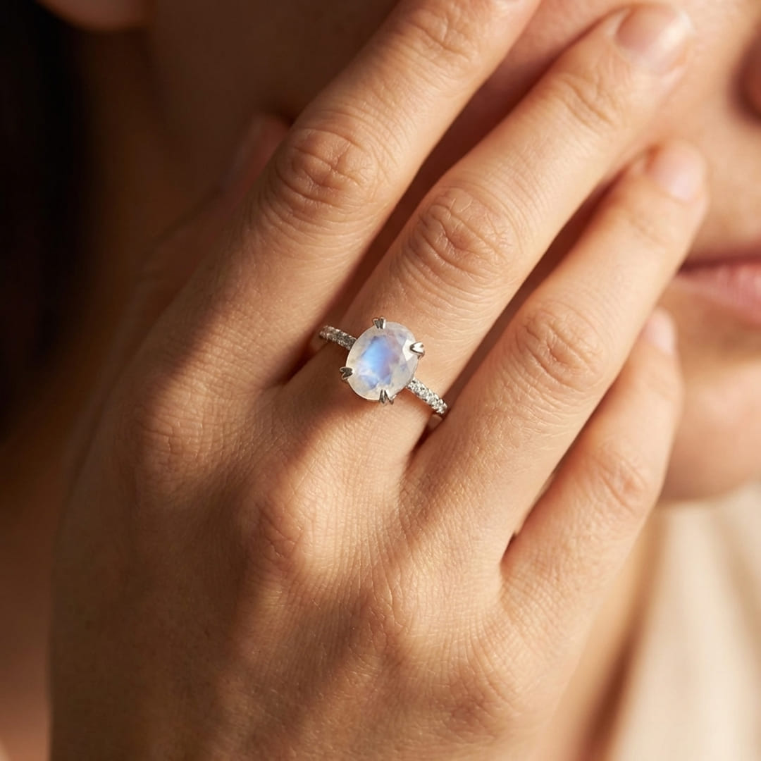 Bague Ajustable "Kirana" en Pierre de Lune & Argent - - L'Arbre des Chakras