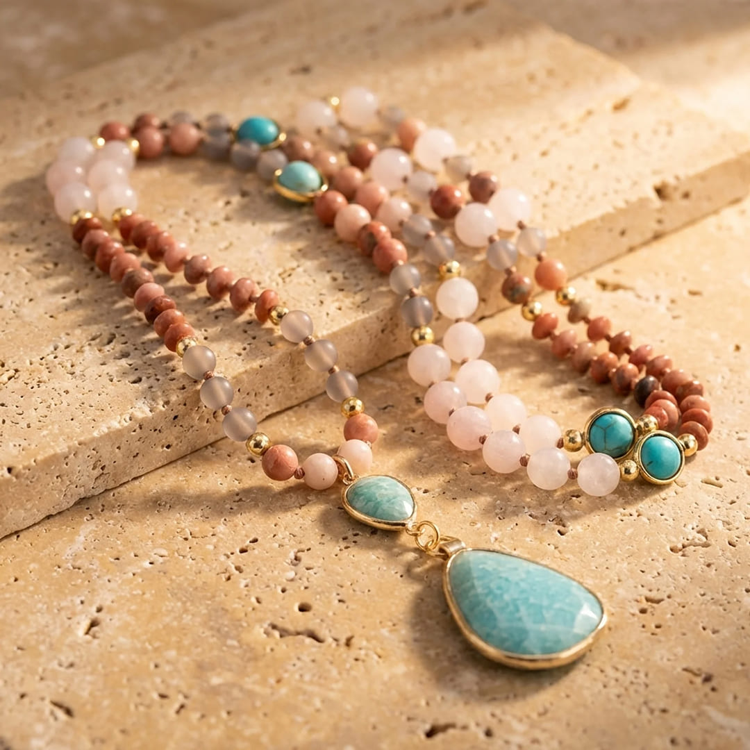 Collier Mala Ethnique en Turquoise, Amazonite, Quartz Rose & Rhodonite - - L'Arbre des Chakras