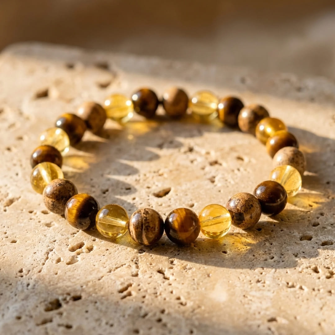 Bracelet "Protection & Prospérité" en Oeil de Tigre, Citrine & Jaspe Paysage - 17cm - L'Arbre des Chakras