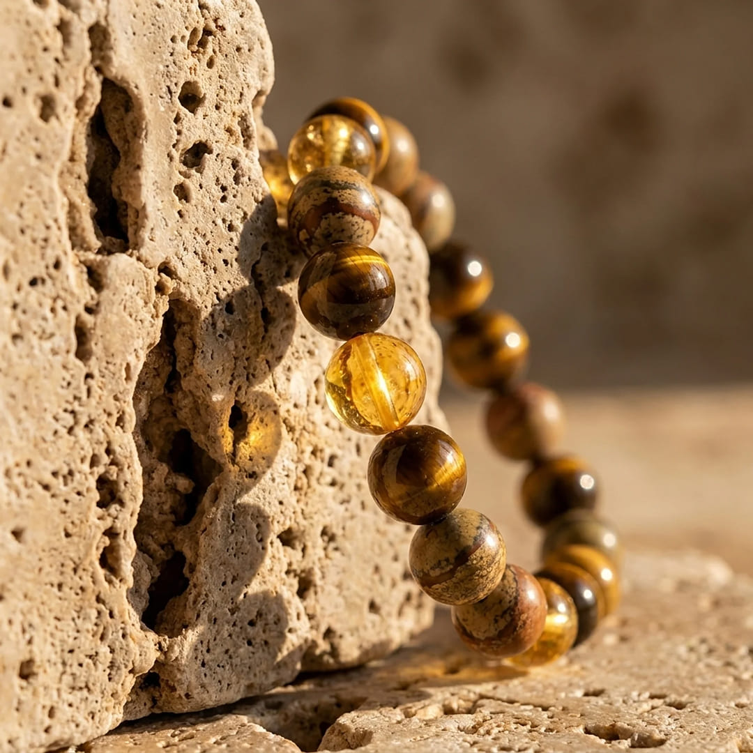 Bracelet "Protection & Prospérité" en Oeil de Tigre, Citrine & Jaspe Paysage - - L'Arbre des Chakras
