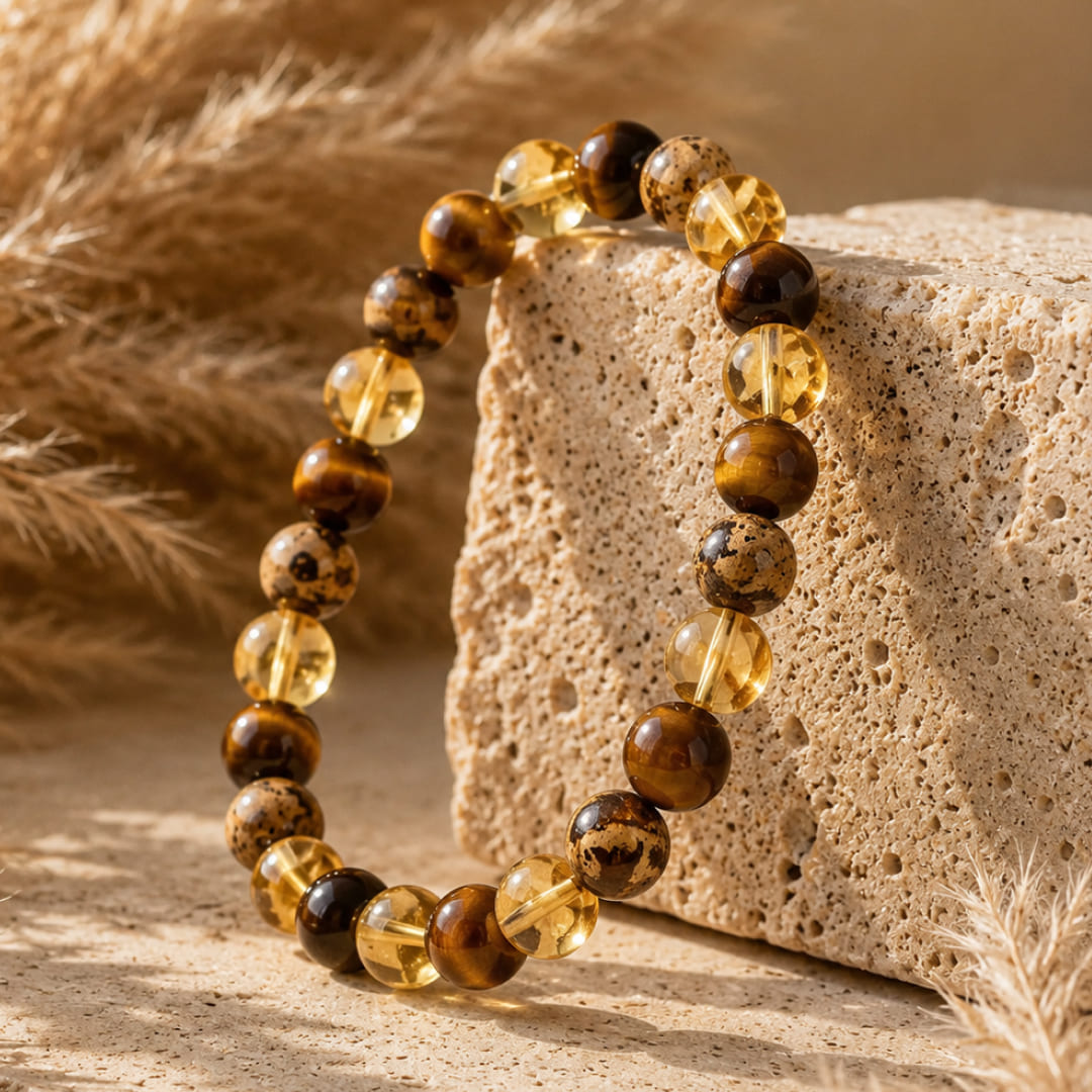 Bracelet "Protection & Prospérité" en Oeil de Tigre, Citrine & Jaspe Paysage - - L'Arbre des Chakras