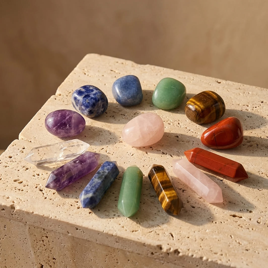 Coffret Reiki - Lot de 7 Pierres Naturelles & 7 Doubles Pointes - - L'Arbre des Chakras