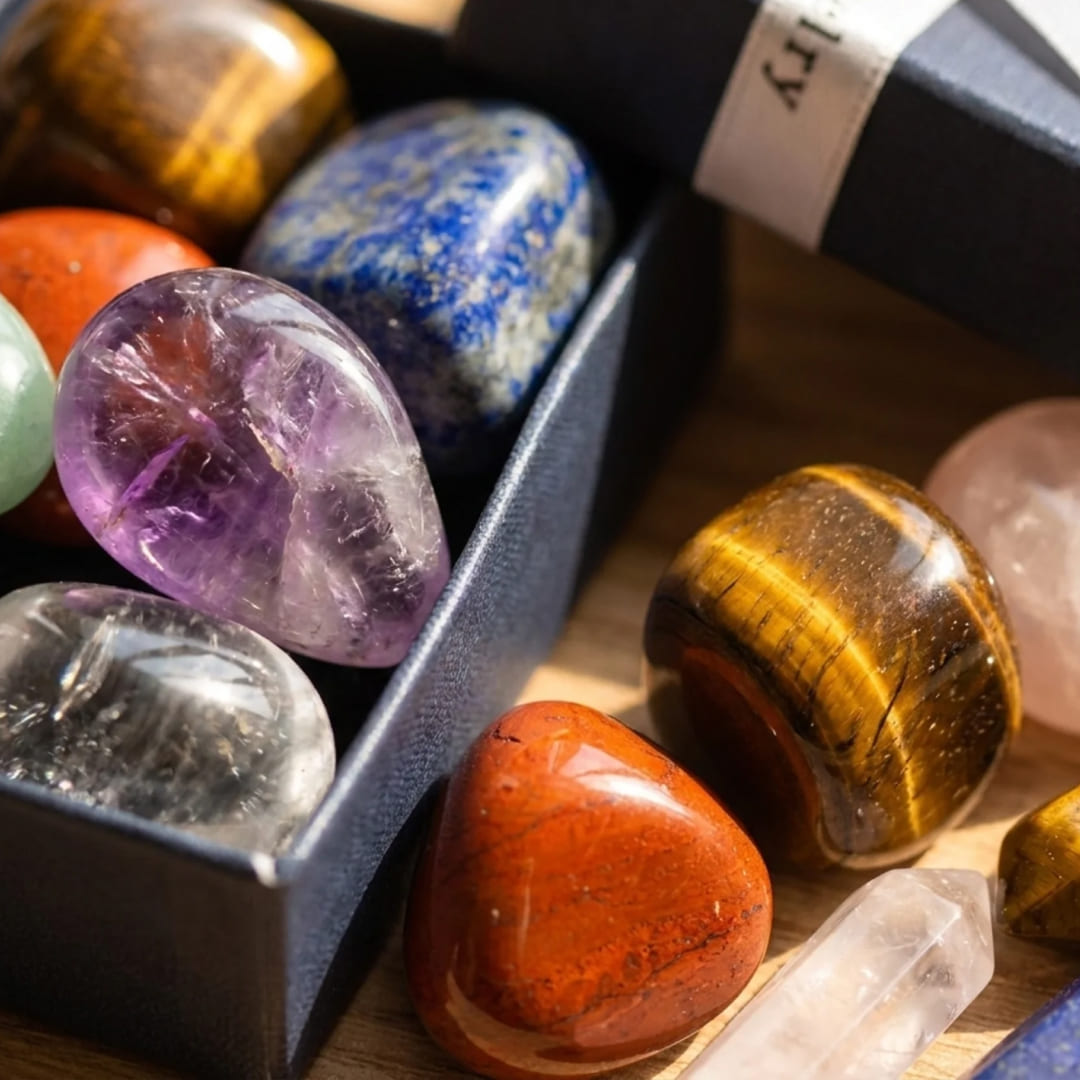 Coffret Reiki - Lot de 7 Pierres Naturelles & 7 Doubles Pointes - - L'Arbre des Chakras