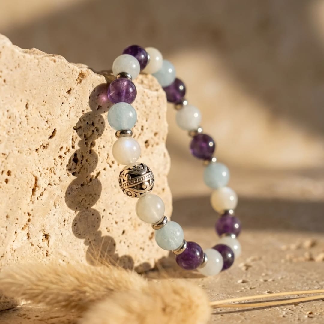 Bracelet Premium "Bien-Être Intérieur" en Améthyste, Aigue-Marine & Pierre de Lune - - L'Arbre des Chakras