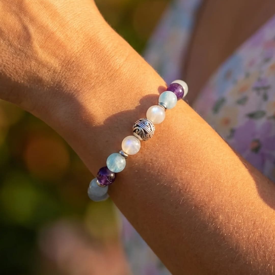 Bracelet Premium "Bien-Être Intérieur" en Améthyste, Aigue-Marine & Pierre de Lune - - L'Arbre des Chakras