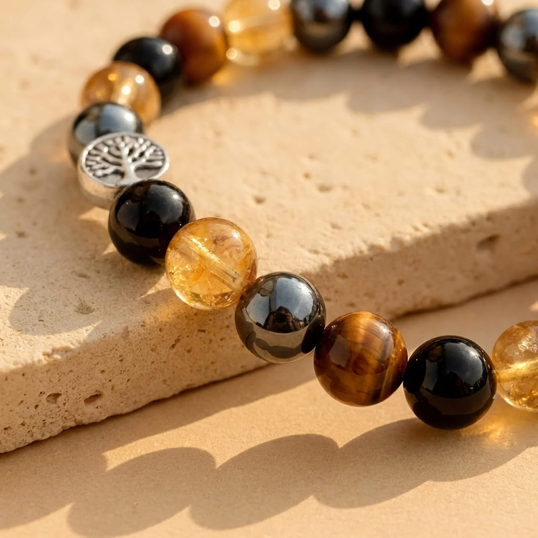Bracelet "Force & Lumière" en Oeil de Tigre, Citrine, Hématite & Obsidienne - - L'Arbre des Chakras