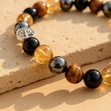 Bracelet "Force & Lumière" en Oeil de Tigre, Citrine, Hématite & Obsidienne - - L'Arbre des Chakras