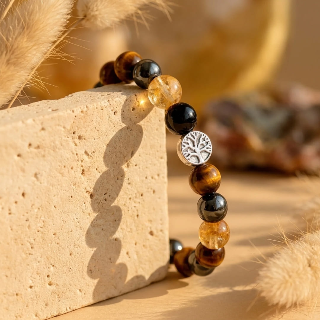 Bracelet "Force & Lumière" en Oeil de Tigre, Citrine, Hématite & Obsidienne - - L'Arbre des Chakras
