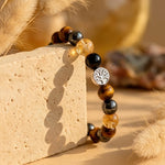 Bracelet "Force & Lumière" en Oeil de Tigre, Citrine, Hématite & Obsidienne - - L'Arbre des Chakras