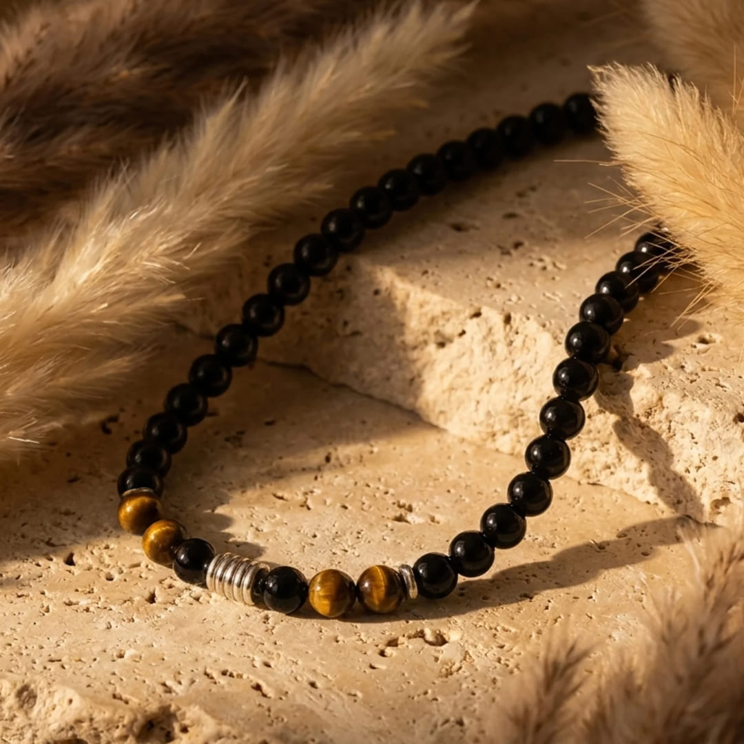 Collier "Bouclier de Sagesse" en Obsidienne Noire & Oeil de Tigre - - L'Arbre des Chakras