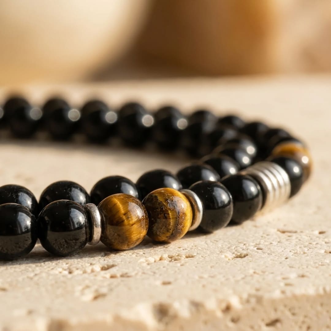 Collier "Bouclier de Sagesse" en Obsidienne Noire & Oeil de Tigre - - L'Arbre des Chakras