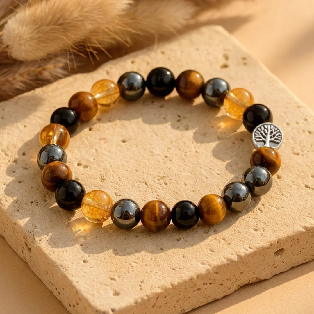 Bracelet "Force & Lumière" en Oeil de Tigre, Citrine, Hématite & Obsidienne - 17cm - L'Arbre des Chakras