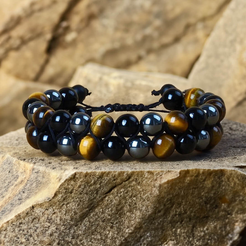 Bracelet Tressé Ajustable "Triple Protections" en Hématite, Oeil de Tigre & Obsidienne -  - L'Arbre des Chakras