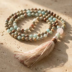 Collier Mala 108 Perles en Jaspe Aqua Terra, Amazonite & Quartz Rose - - L'Arbre des Chakras