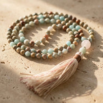 Collier Mala 108 Perles en Jaspe Aqua Terra, Amazonite & Quartz Rose - - L'Arbre des Chakras