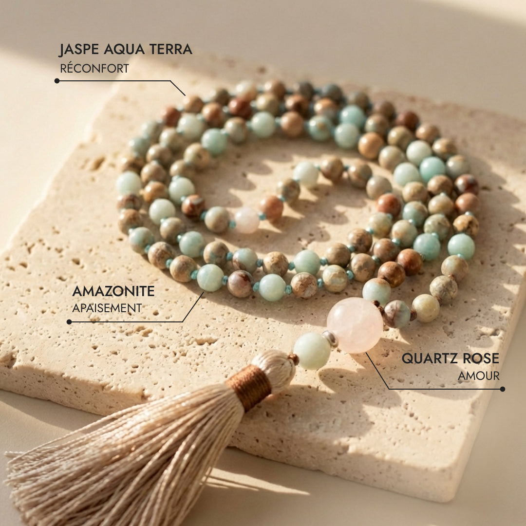 Collier Mala 108 Perles en Jaspe Aqua Terra, Amazonite & Quartz Rose - - L'Arbre des Chakras