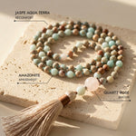 Collier Mala 108 Perles en Jaspe Aqua Terra, Amazonite & Quartz Rose - - L'Arbre des Chakras