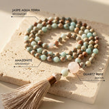 Collier Mala 108 Perles en Jaspe Aqua Terra, Amazonite & Quartz Rose - - L'Arbre des Chakras