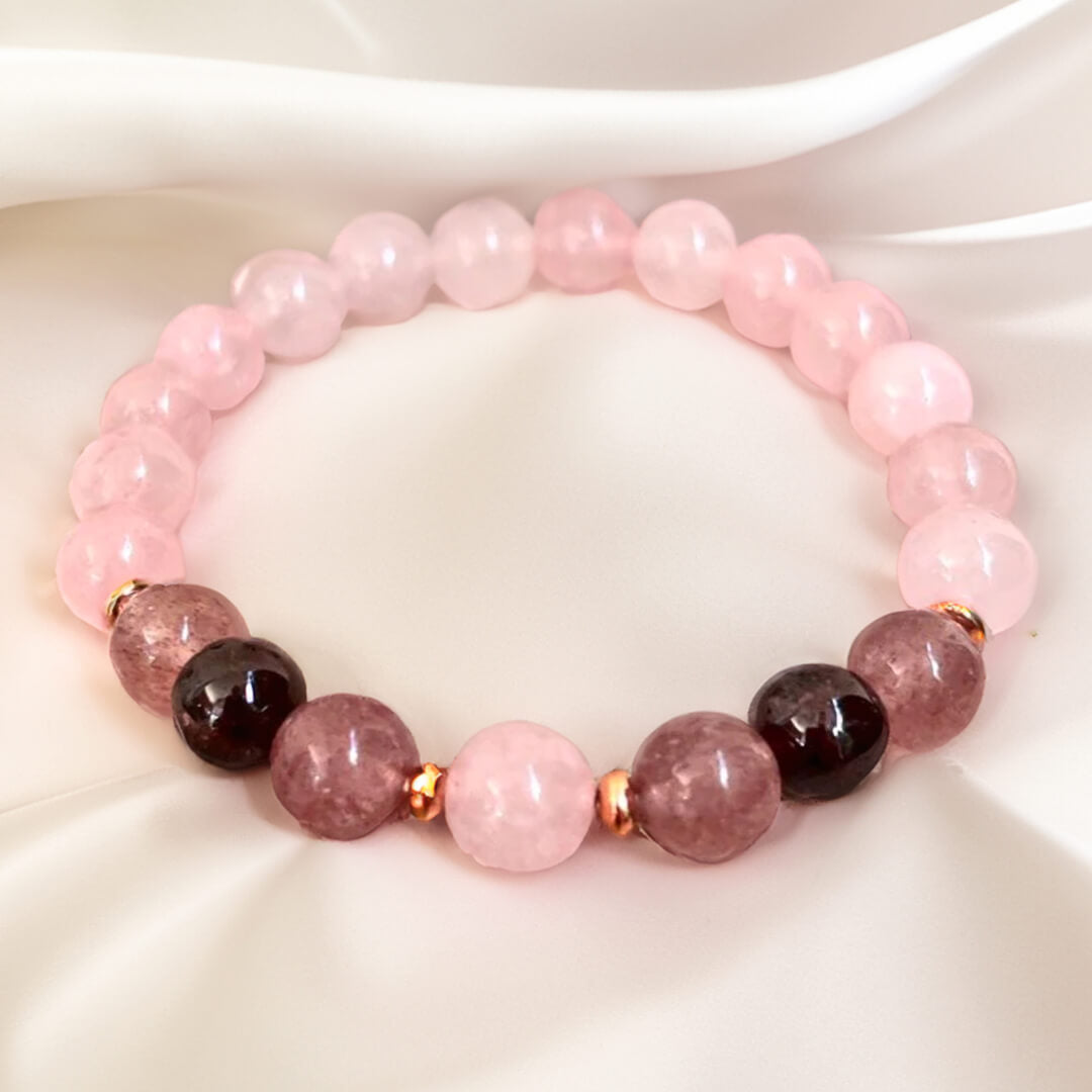 Bracelet "Amour Infini" en Quartz Rose, Grenat & Quartz Fraise - 17CM - L'Arbre des Chakras