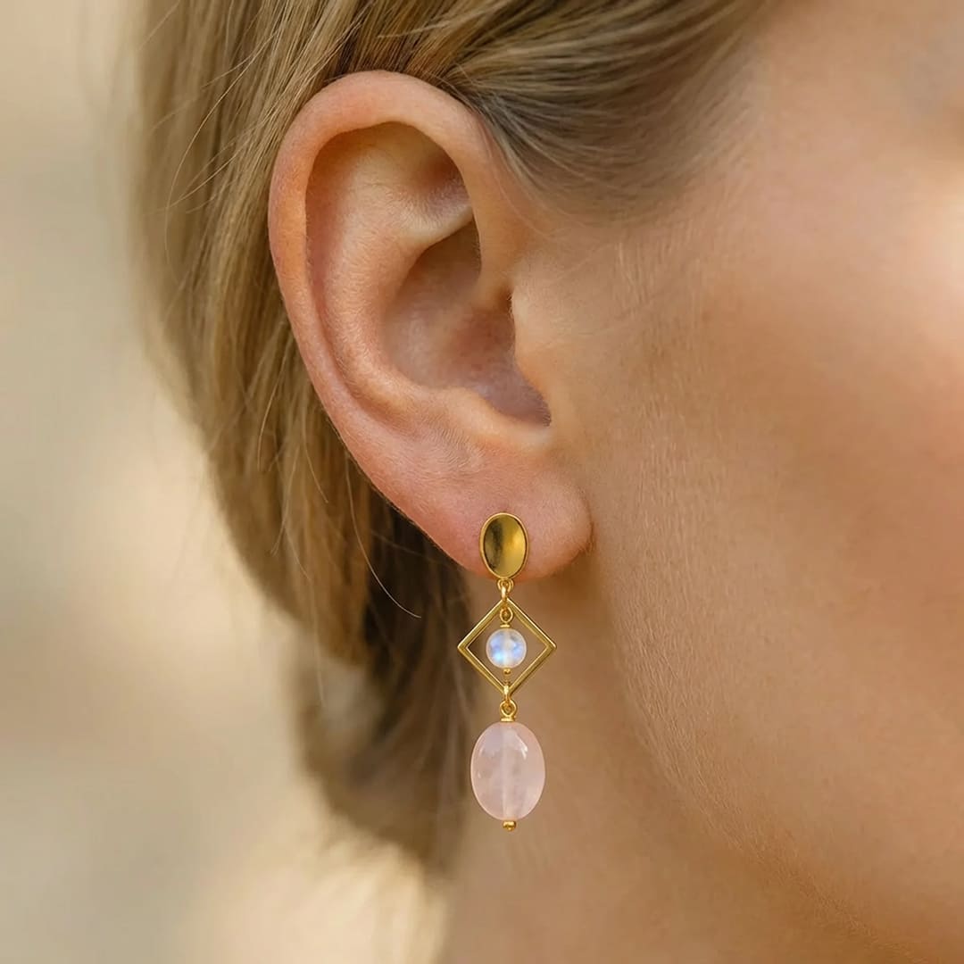 Boucles d’Oreilles "Émotion & Élégance" en Quartz Rose & Pierre de Lune - - L'Arbre des Chakras
