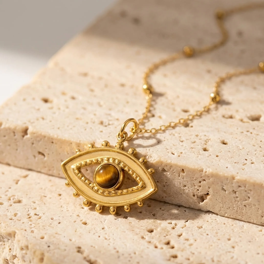 Collier Mauvais Oeil "Protection & Confiance" en Oeil de Tigre - - L'Arbre des Chakras