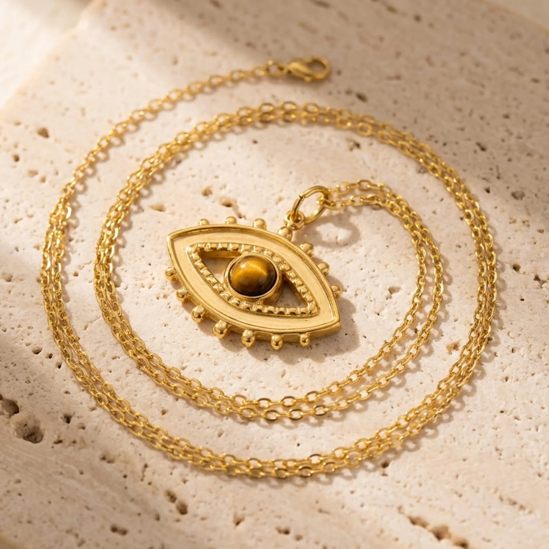 Collier Mauvais Oeil "Protection & Confiance" en Oeil de Tigre - - L'Arbre des Chakras