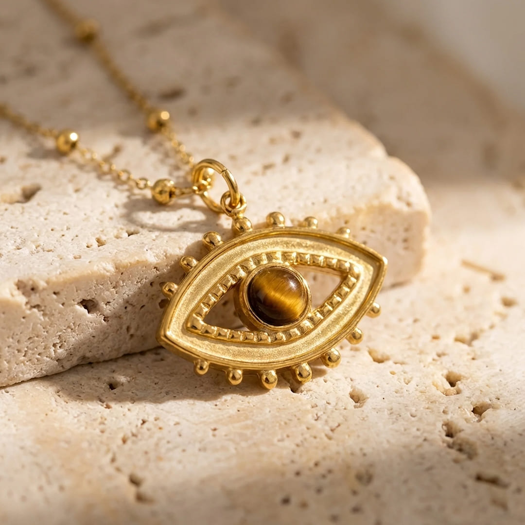 Collier Mauvais Oeil "Protection & Confiance" en Oeil de Tigre - - L'Arbre des Chakras