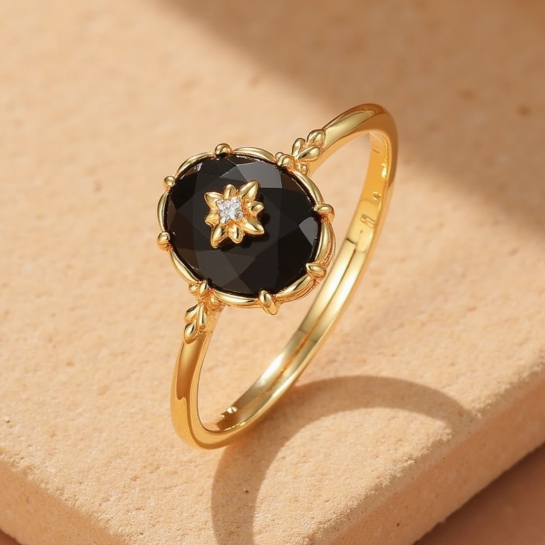 Bague Ajustable "Charme Nocturne" en Agate Noire - - L'Arbre des Chakras