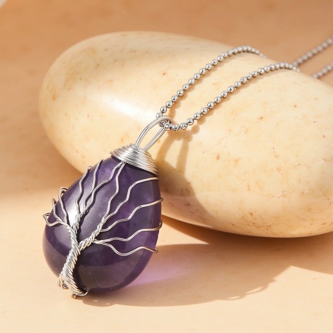 Pendentif Arbre de Guérison en Pierre Naturelle - Améthyste - L'Arbre des Chakras