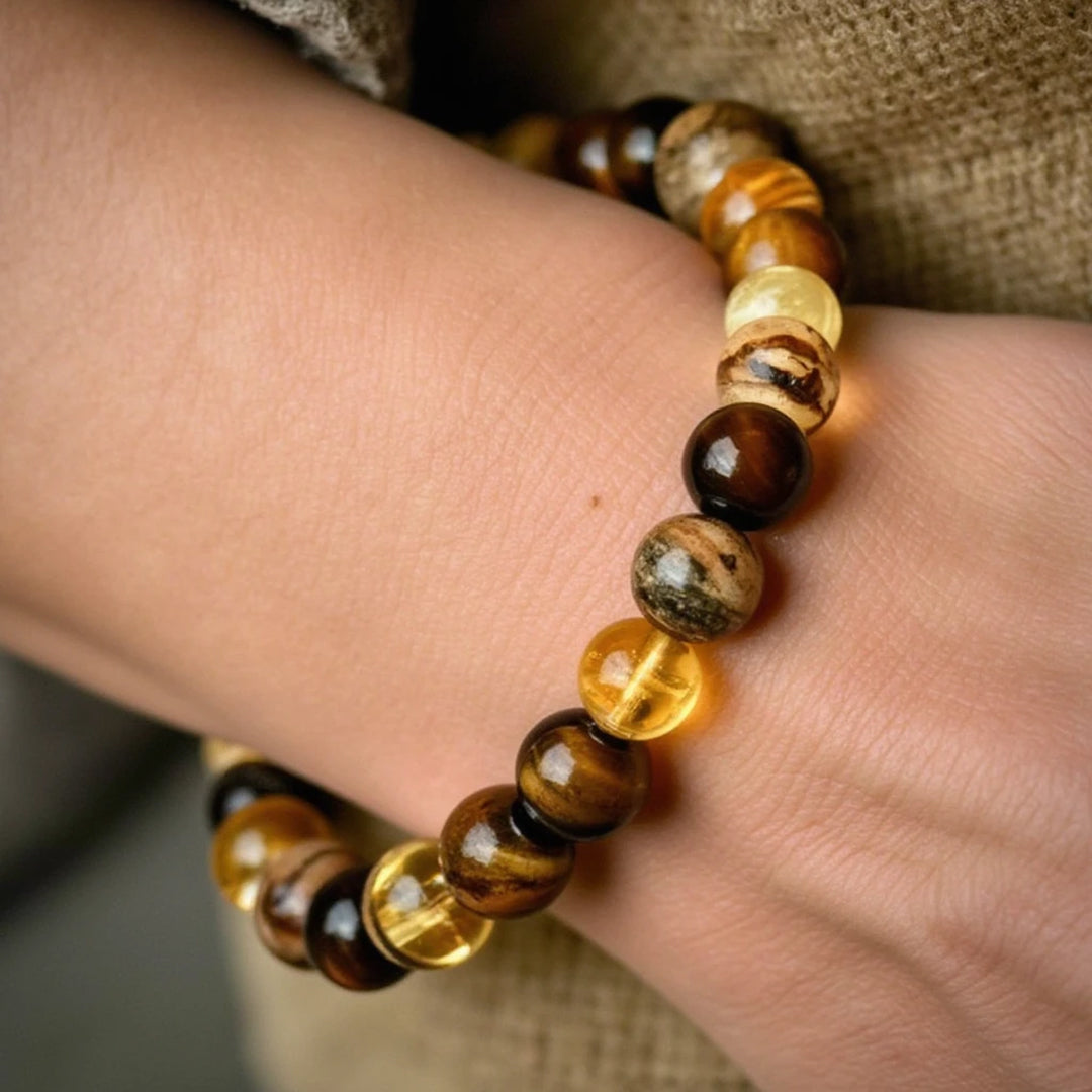 Bracelet "Protection & Prospérité" en Oeil de Tigre, Citrine & Jaspe Paysage - - L'Arbre des Chakras