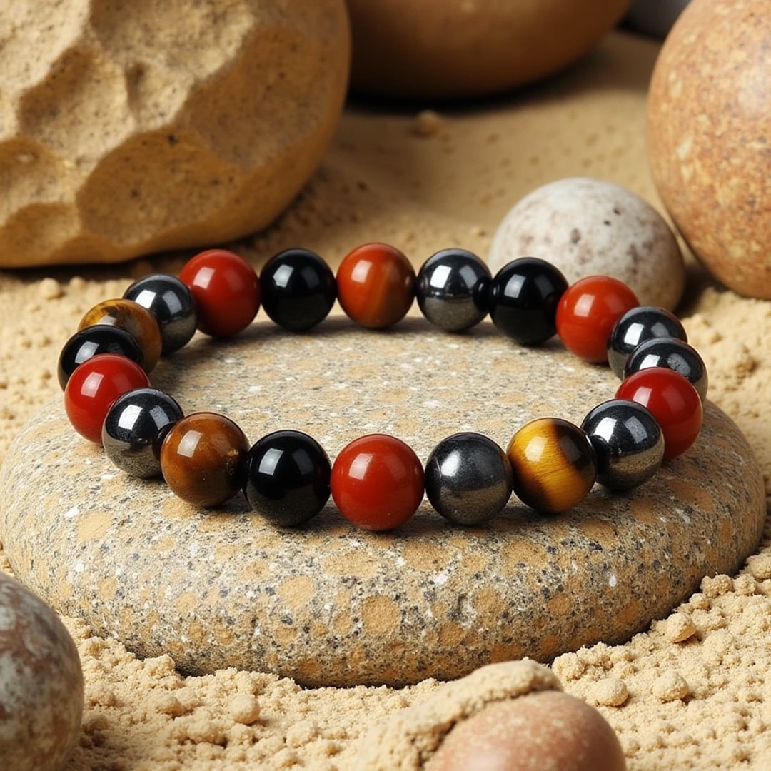 Bracelet "Ancrage & Protection" en Tourmaline, Jaspe Rouge, Hématite & Oeil de Tigre
