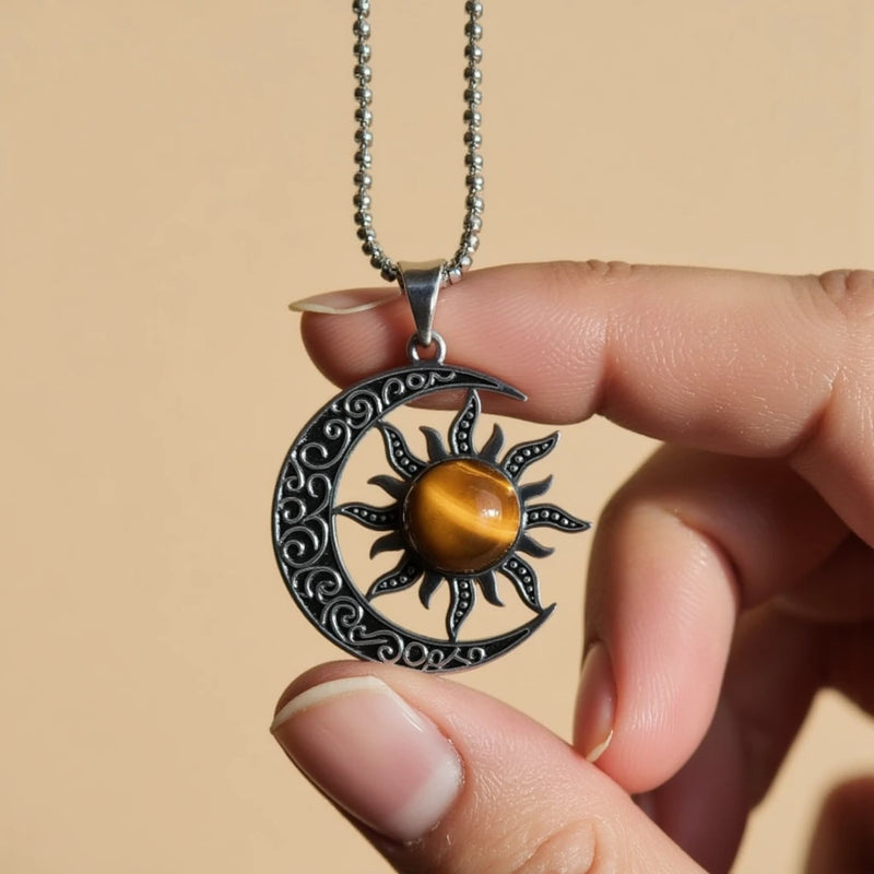 Pendentif "Équilibre Cosmique Lune-Soleil" en Oeil de Tigre - - L'Arbre des Chakras