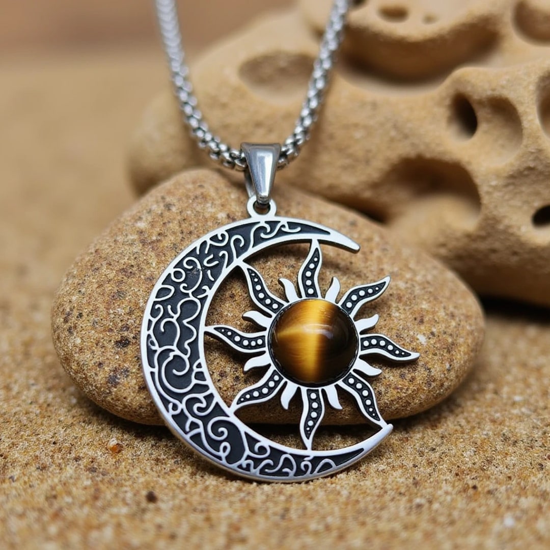Pendentif "Équilibre Cosmique Lune-Soleil" en Oeil de Tigre